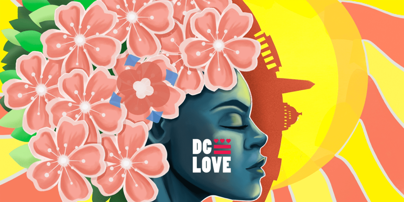 Illustration of a person's face with cherry blossoms and DC monuments in the background.